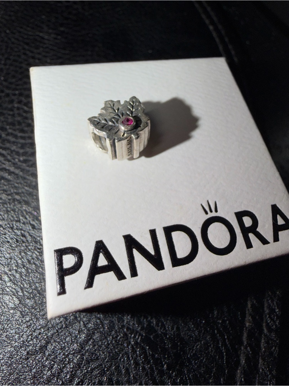 Pandora Silver Leaf Charm with red Stone